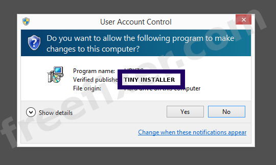 Screenshot where TINY INSTALLER appears as the verified publisher in the UAC dialog